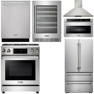 THOR Kitchen Package - 30 In. Propane Gas Range, Range Hood, Microwave Drawer, Refrigerator, Dishwasher, Wine Cooler, AP-TRG3001LP-W-6