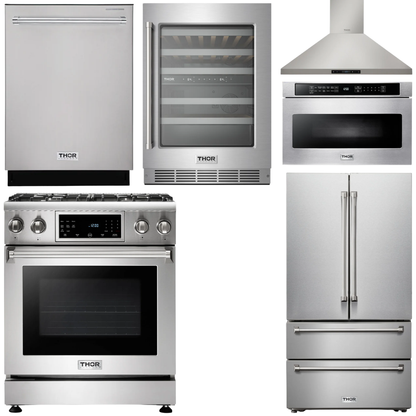 THOR Kitchen Package - 30 In. Propane Gas Range, Range Hood, Microwave Drawer, Refrigerator, Dishwasher, Wine Cooler, AP-TRG3001LP-W-6