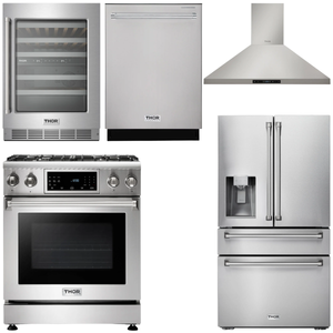 THOR Kitchen Package - 30 In. Propane Gas Range, Range Hood, Refrigerator with Water and Ice Dispenser, Dishwasher, Wine Cooler, AP-TRG3001LP-W-8