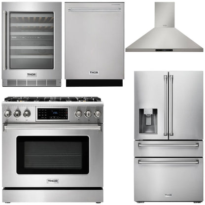 THOR Kitchen Package - 36" Gas Range, Range Hood, Refrigerator with Water and Ice Dispenser, Dishwasher, Wine Cooler, AP-TRG3601-11