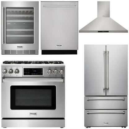 THOR Kitchen Package - 36" Gas Range, Range Hood, Refrigerator, Dishwasher, Wine Cooler, AP-TRG3601-4