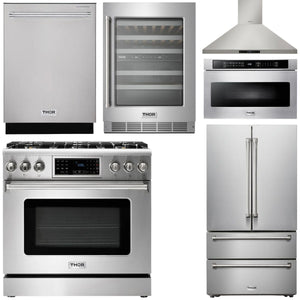 THOR Kitchen Package - 36" Gas Range, Range Hood, Microwave, Refrigerator, Dishwasher, Wine Cooler, AP-TRG3601-8