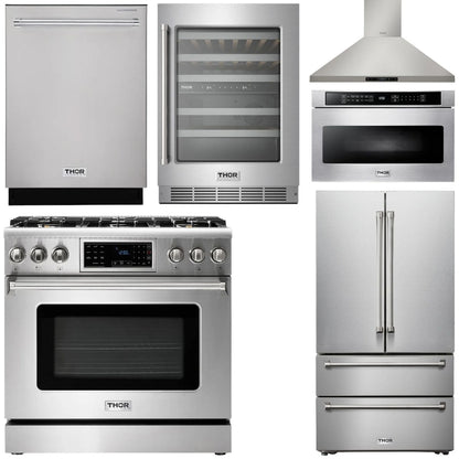 THOR Kitchen Package - 36" Gas Range, Range Hood, Microwave, Refrigerator, Dishwasher, Wine Cooler, AP-TRG3601-8