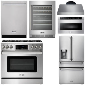 THOR Kitchen Package - 36" Gas Range, Range Hood, Microwave, Refrigerator, Dishwasher, Wine Cooler