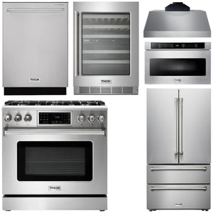 THOR Kitchen Package - 36" Gas Range, Range Hood, Microwave, Refrigerator, Dishwasher, Wine Cooler, AP-TRG3601-C-6