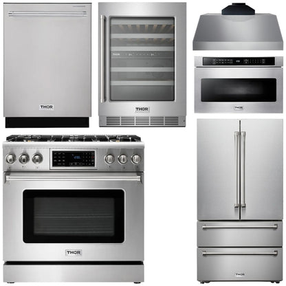 THOR Kitchen Package - 36" Gas Range, Range Hood, Microwave, Refrigerator, Dishwasher, Wine Cooler, AP-TRG3601-C-6