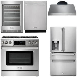 THOR Kitchen Package - 36" Gas Range, Range Hood, Refrigerator with Water and Ice Dispenser, Dishwasher, Wine Cooler, AP-TRG3601-C-8