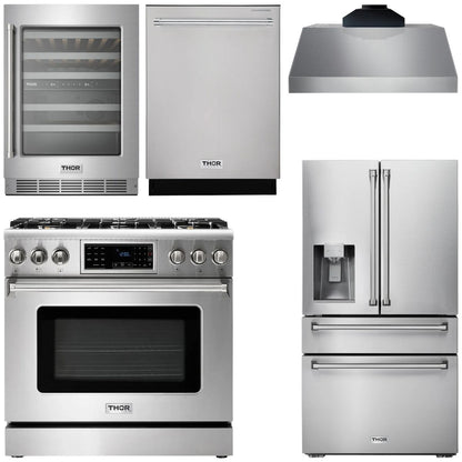 THOR Kitchen Package - 36" Gas Range, Range Hood, Refrigerator with Water and Ice Dispenser, Dishwasher, Wine Cooler, AP-TRG3601-C-8