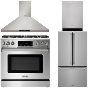 THOR Kitchen Package - 36" Air Fry Gas Range, Wall Mount Range Hood, 36" French Door Refrigerator with Ice Maker & Water Dispenser, Dishwasher, AP-TRG3601-FD