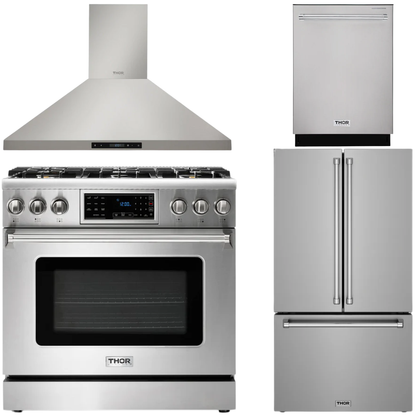 THOR Kitchen Package - 36" Air Fry Gas Range, Wall Mount Range Hood, 36" French Door Refrigerator with Ice Maker & Water Dispenser, Dishwasher, AP-TRG3601-FD