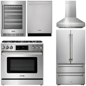 THOR Kitchen Package - 36" Gas Range, Range Hood, Refrigerator, Dishwasher, Wine Cooler, AP-TRG3601-W-3