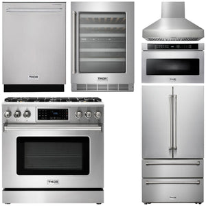 THOR Kitchen Package - 36" Gas Range, Range Hood, Microwave, Refrigerator, Dishwasher, Wine Cooler, AP-TRG3601-W-6