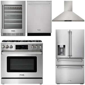THOR Kitchen Package - 36" Propane Gas Range, Range Hood, Refrigerator with Water and Ice Dispenser, Dishwasher, Wine Cooler, AP-TRG3601LP-11