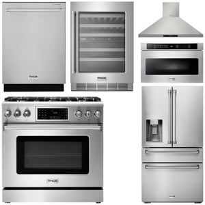 THOR Kitchen Package - 36" Gas Range, Range Hood, Microwave, Refrigerator with Water and Ice Dispenser, Dishwasher, Wine Cooler, AP-TRG3601LP-14