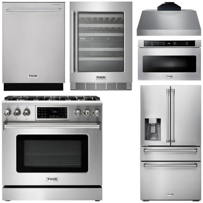 THOR Kitchen Package - 36" Gas Range, Range Hood, Microwave, Refrigerator with Water and Ice Dispenser, Dishwasher, Wine Cooler, AP-TRG3601LP-C-10