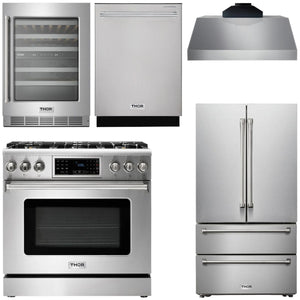 THOR Kitchen Package - 36" Propane Gas Range, Range Hood, Refrigerator, Dishwasher, Wine Cooler, AP-TRG3601LP-C-3