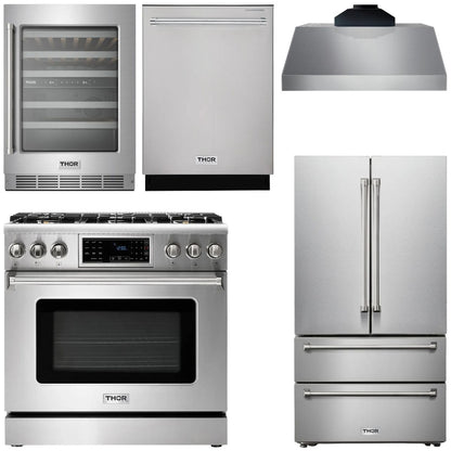 THOR Kitchen Package - 36" Propane Gas Range, Range Hood, Refrigerator, Dishwasher, Wine Cooler, AP-TRG3601LP-C-3