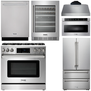 THOR Kitchen Package - 36" Gas Range, Range Hood, Microwave, Refrigerator, Dishwasher, Wine Cooler, AP-TRG3601LP-C-6