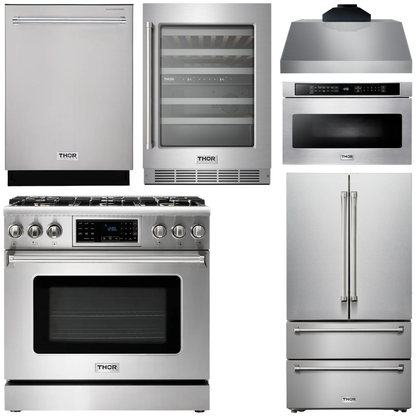 THOR Kitchen Package - 36" Gas Range, Range Hood, Microwave, Refrigerator, Dishwasher, Wine Cooler, AP-TRG3601LP-C-6