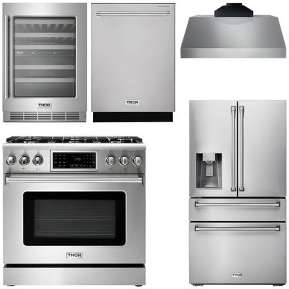 THOR Kitchen Package - 36" Gas Range, Range Hood, Refrigerator with Water and Ice Dispenser, Dishwasher, Wine Cooler, AP-TRG3601LP-C-8