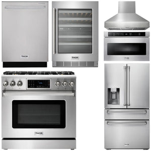 THOR Kitchen Package - 36" Gas Range, Range Hood, Microwave, Refrigerator with Water and Ice Dispenser, Dishwasher, Wine Cooler, AP-TRG3601LP-W-10