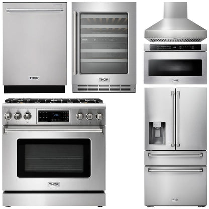 THOR Kitchen Package - 36" Gas Range, Range Hood, Microwave, Refrigerator with Water and Ice Dispenser, Dishwasher, Wine Cooler, AP-TRG3601LP-W-10