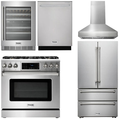 THOR Kitchen Package - 36" Gas Range, Range Hood, Refrigerator, Dishwasher, Wine Cooler, AP-TRG3601LP-W-3