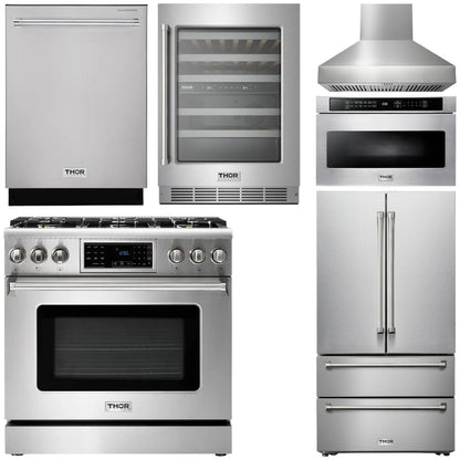 THOR Kitchen Package - 36" Gas Range, Range Hood, Microwave, Refrigerator, Dishwasher, Wine Cooler, AP-TRG3601LP-W-6