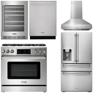 THOR Kitchen Package - 36" Gas Range, Range Hood, Refrigerator with Water and Ice Dispenser, Dishwasher, Wine Cooler, AP-TRG3601LP-W-8