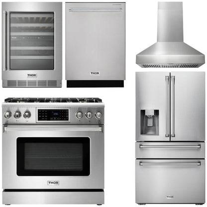 THOR Kitchen Package - 36" Gas Range, Range Hood, Refrigerator with Water and Ice Dispenser, Dishwasher, Wine Cooler, AP-TRG3601LP-W-8
