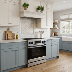 Gordon Ramsay by THOR Kitchen 30" 4.55 cu. ft. Professional Electric Range with Tilt Panel Touch Control, Self-Clean and Air Fry in Stainless Steel with Navy Blue Accents, RSE30-BLU