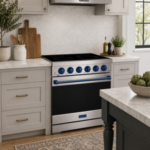 Gordon Ramsay by THOR Kitchen 30 Inch Professional Electric Range, 5 Element, Convection Oven in Stainless Steel with Blue Accents, RSE30P-BLU