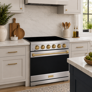 Gordon Ramsay by THOR Kitchen 30 Inch Professional Electric Range, 5 Element, Convection Oven in Stainless Steel with Bronze Accents, RSE30P-BRZ