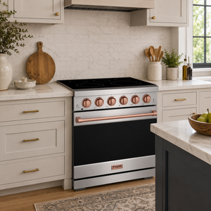 Gordon Ramsay by THOR Kitchen 30 Inch Professional Electric Range, 5 Element, Convection Oven in Stainless Steel with Rose Gold Accents, RSE30P-RSG