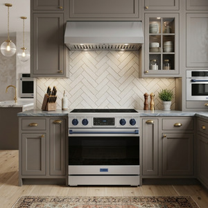 Gordon Ramsay by THOR Kitchen 36" 6.0 cu. ft. Professional Electric Range with Tilt Panel Touch Control, Self-Clean and Air Fry in Stainless Steel with Navy Blue Accents, RSE36-BLU