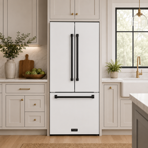 Gordon Ramsay by THOR Kitchen 30" 17.5 cu. ft. French Door Counter Depth Refrigerator with Ice Maker in White with Black Accents, RF3017FFDW-BLK