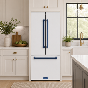 Gordon Ramsay by THOR Kitchen 30" 17.5 cu. ft. French Door Counter Depth Refrigerator with Ice Maker in White with Blue Accents, RF3017FFDW-BLU