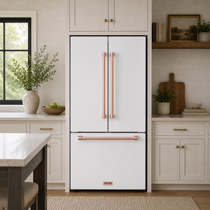 Gordon Ramsay by THOR Kitchen 30" 17.5 cu. ft. French Door Counter Depth Refrigerator with Ice Maker in White with Rose Gold Accents, RF3017FFDW-RSG