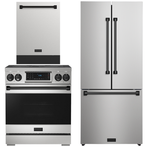 Gordon Ramsay by THOR Kitchen Package - 30" Electric Range, 30" Refrigerator with Ice Maker and Dishwasher in Stainless Steel with Black Accents, AP-RSE30-BLK-1