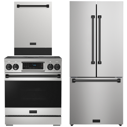 Gordon Ramsay by THOR Kitchen Package - 30" Electric Range, 30" Refrigerator with Ice Maker and Dishwasher in Stainless Steel with Black Accents, AP-RSE30-BLK-1