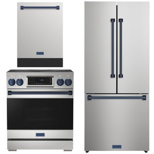 Gordon Ramsay by THOR Kitchen Package - 30" Electric Range, 30" Refrigerator with Ice Maker and Dishwasher in Stainless Steel with Navy Blue Accents, AP-RSE30-BLU-1