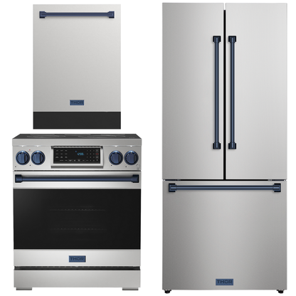Gordon Ramsay by THOR Kitchen Package - 30" Electric Range, 30" Refrigerator with Ice Maker and Dishwasher in Stainless Steel with Navy Blue Accents, AP-RSE30-BLU-1