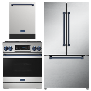 Gordon Ramsay by THOR Kitchen Package - 30" Electric Range, 36" Refrigerator with Ice Maker and Dishwasher in Stainless Steel with Navy Blue Accents, AP-RSE30-BLU-2