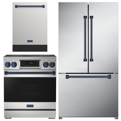 Gordon Ramsay by THOR Kitchen Package - 30" Electric Range, 36" Refrigerator with Ice Maker and Dishwasher in Stainless Steel with Navy Blue Accents, AP-RSE30-BLU-2