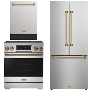 Gordon Ramsay by THOR Kitchen Package - 30" Electric Range, 30" Refrigerator with Ice Maker and Dishwasher in Stainless Steel with Bronze Accents, AP-RSE30-BRZ-1