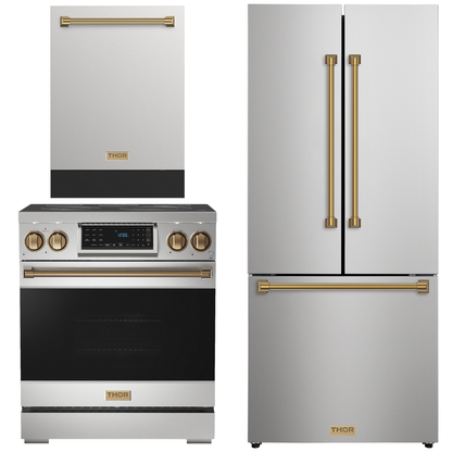 Gordon Ramsay by THOR Kitchen Package - 30" Electric Range, 30" Refrigerator with Ice Maker and Dishwasher in Stainless Steel with Bronze Accents, AP-RSE30-BRZ-1