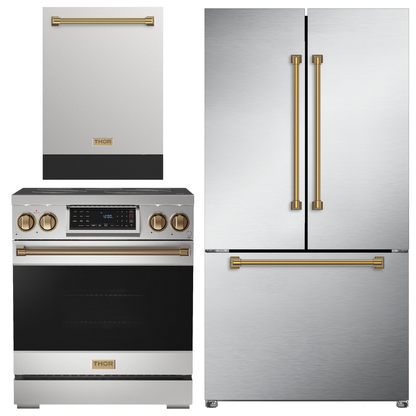 Gordon Ramsay by THOR Kitchen Package - 30" Electric Range, 36" Refrigerator with Ice Maker and Dishwasher in Stainless Steel with Bronze Accents, AP-RSE30-BRZ-2