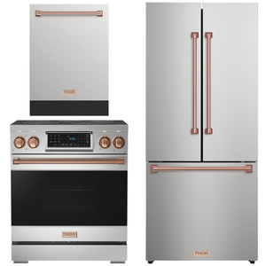 Gordon Ramsay by THOR Kitchen Package - 30" Electric Range, 30" Refrigerator with Ice Maker and Dishwasher in Stainless Steel with Rose Gold Accents, AP-RSE30-RSG-1