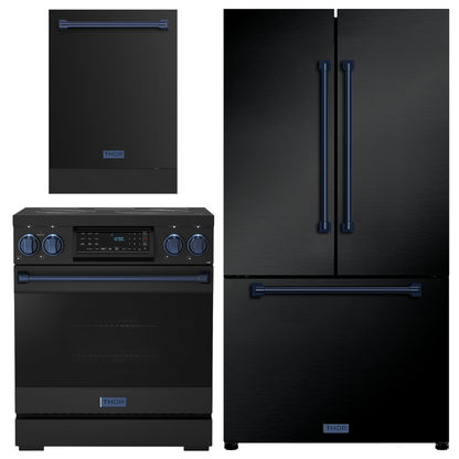 Gordon Ramsay by THOR Kitchen Package - 30" Electric Range, 36" Refrigerator with Ice Maker and Dishwasher in Black Matte with Navy Blue Accents, AP-RSE30B-BLU-2