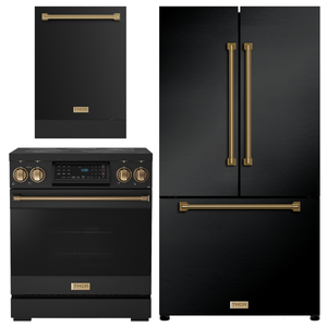 Gordon Ramsay by THOR Kitchen Package - 30" Electric Range, 36" Refrigerator with Ice Maker and Dishwasher in Black Matte with Bronze Accents, AP-RSE30B-BRZ-2